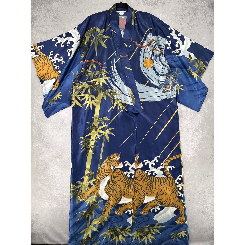 Blue Satin Tiger Dragon Bamboo Print Kimono Robe Longline Loungewear O/S